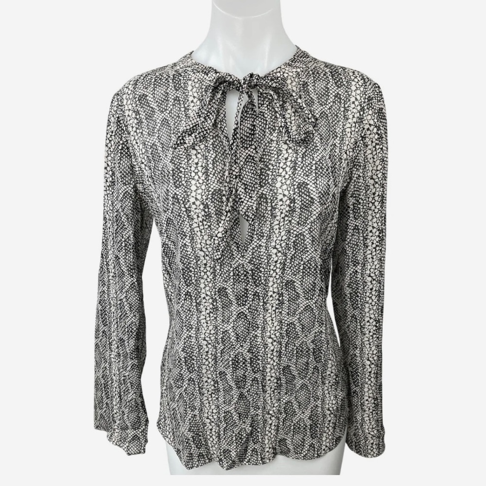 Theory Black White 100% Silk Long Sleeve Blouse | Size Petite